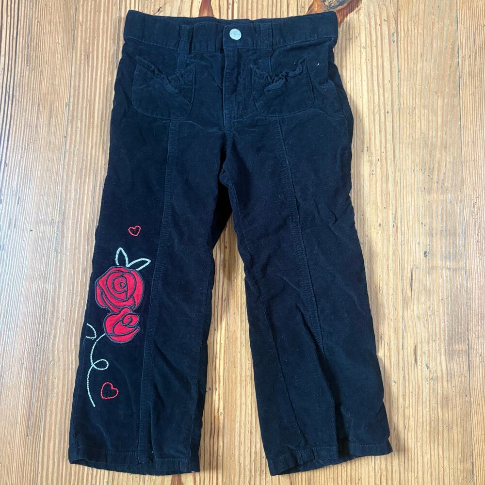 Healthtex retro black corduroy rose embroidered ruffle‎ accent pants SIZE 4T